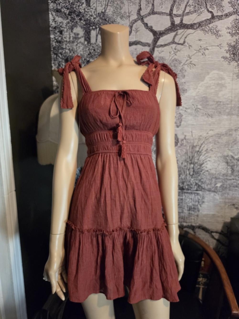 NWOT Trixxi Rust Brick Red Smocked Tie Shoulder Mini Dress Size Small